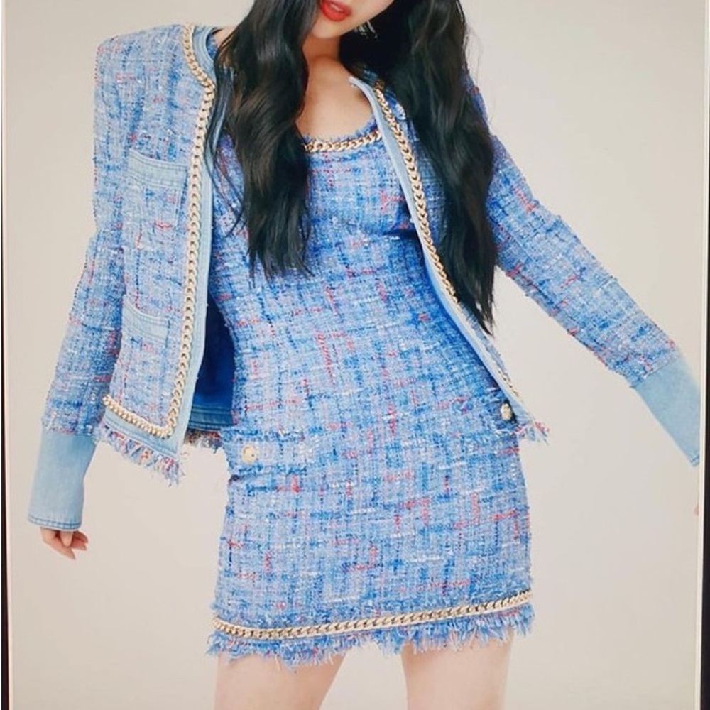 Balmain Blue Tweed Dress with Gold Accents